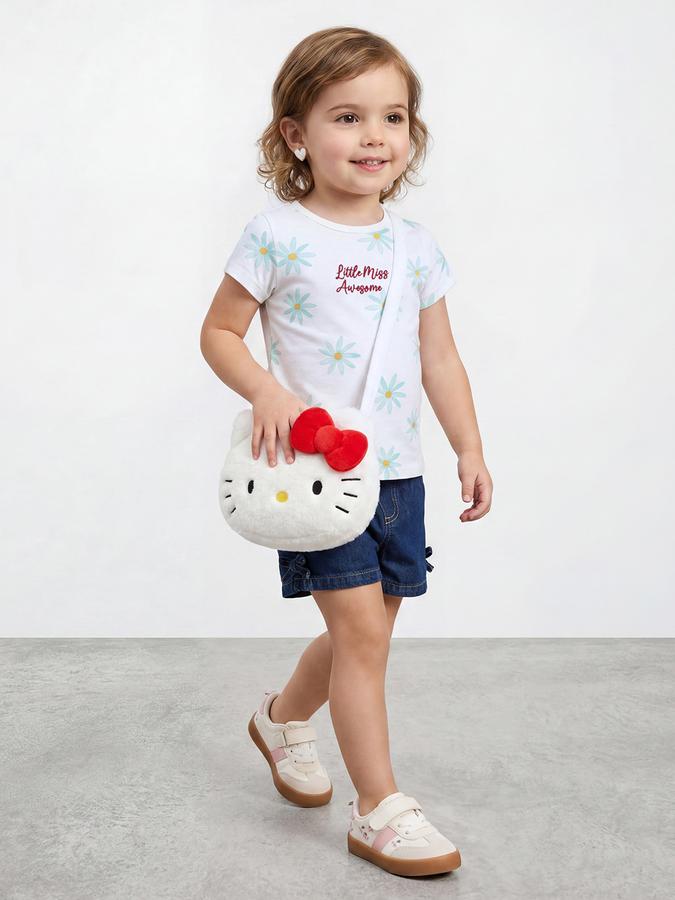 R&B Girls White Regular Fit Floral Print Short Sleeve T-shirt
