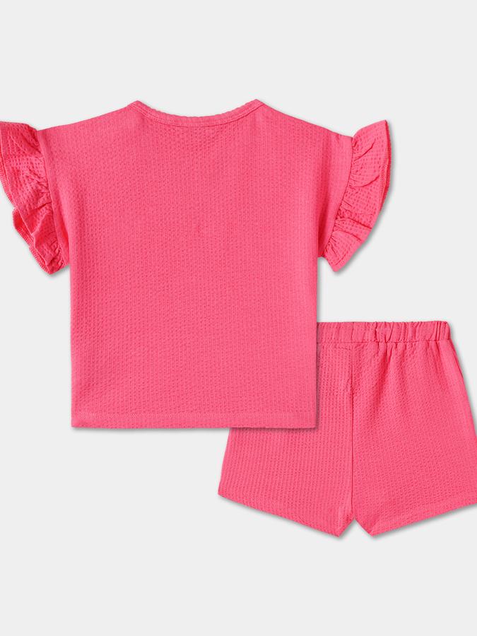 Girls Solid Ruffled Sleeve Embroidered Top with Shorts Set