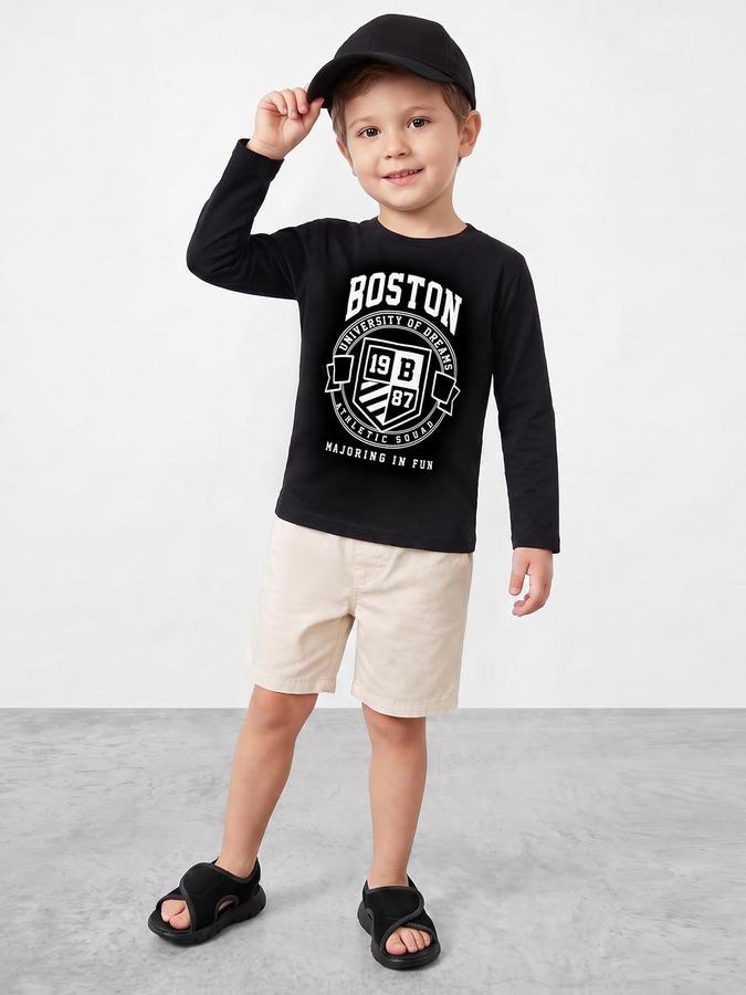 R&B Boys Black Long Sleeves Round Neck Varsity Club Collegiate Graphics Back print Pure Cotton T-Shirt