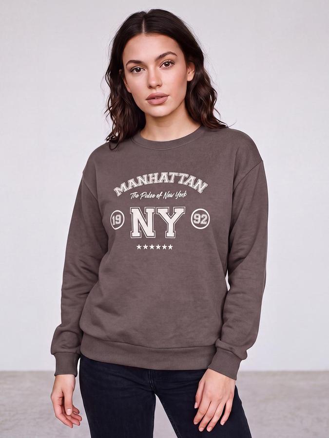 R&B Women Dark Brown Graphic Print Round Neck Long Sleeves Sweatshirt