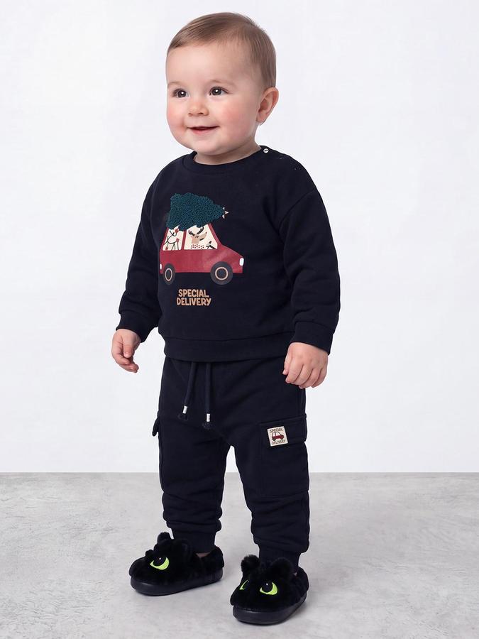 R&B Boys Navy Blue Christmas Car Print Round Neck Sweatshirt and Cargo Pants Set
