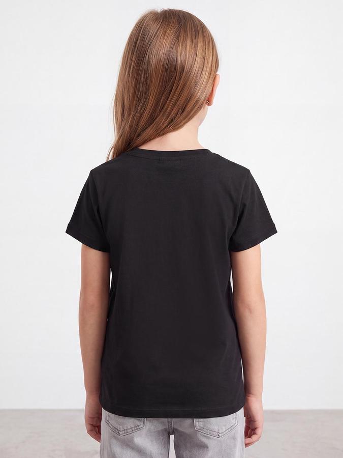 R&B Girls Jet Black Typography Print Short Sleeves Round Neck Pure Cotton T-Shirt