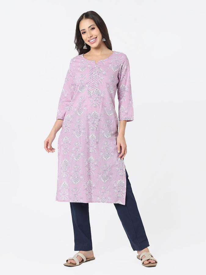 Women's regular fit casual floral block printed round neck lavender straight kurta with couching  image number 1