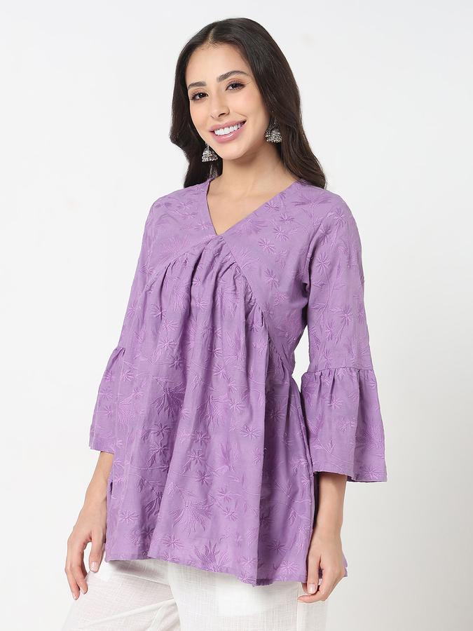Women's schiffli gathered lavender v- neck tunic with flared sleeves image number 1