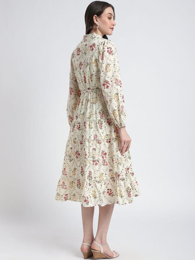 R&B Women Ivory Floral Long Sleeves Mandarin Collar Midi Fit &amp; Flare Dress