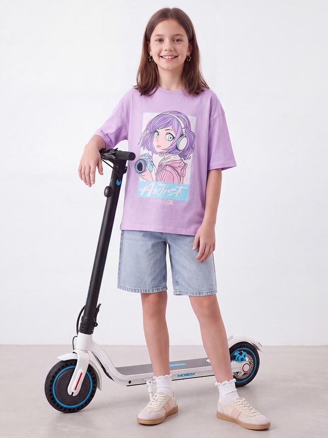 R&B Girls Purple Graphic Print Short Sleeves Round Neck Pure Cotton T-Shirt