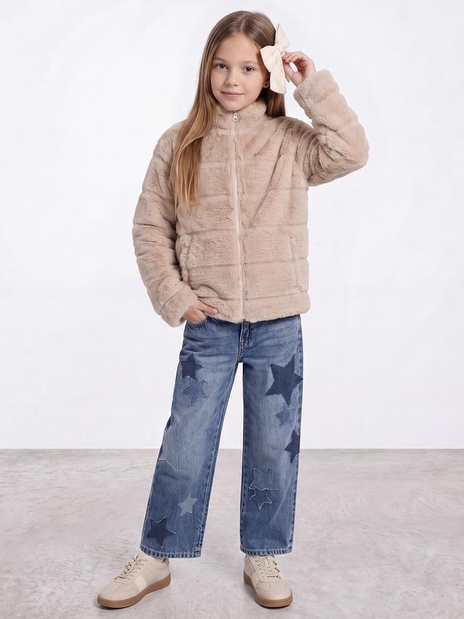 R&B Girls Beige Self Design Raised Collar Fur Jacket