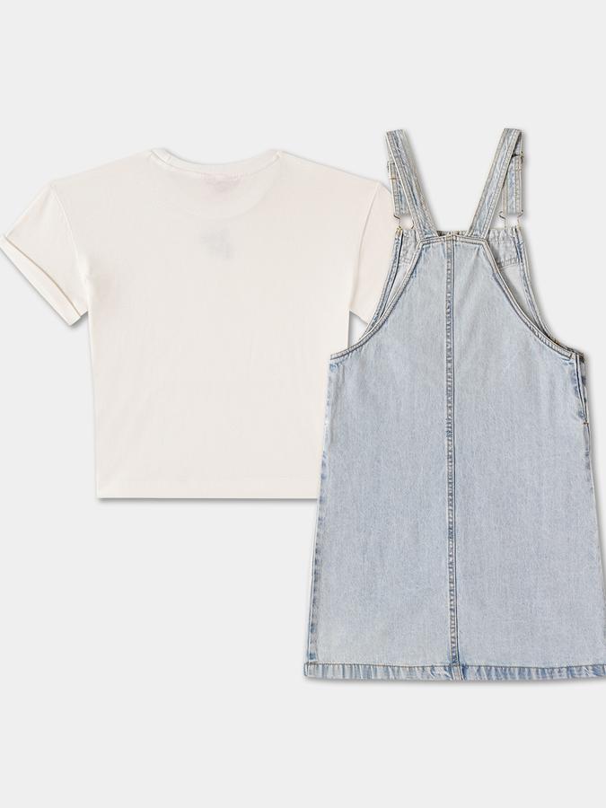 Embroidered T-Shirt and Dungaree Dress Set image number 1