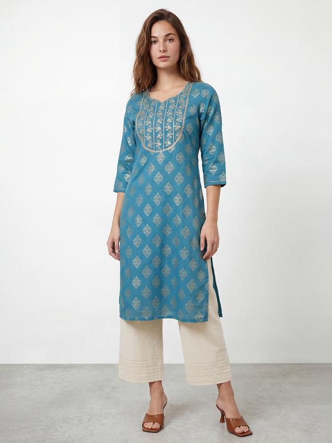 R&B Women's Teal Green Embroidered Viscose Round Neck Kurta