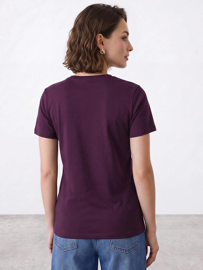 R&B Women Purple Short Sleeve V Neck Solid T-Shirt