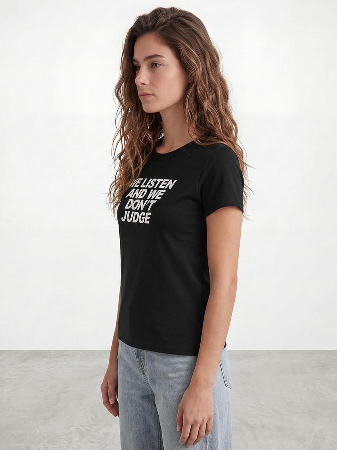 R&B Women Black Short Sleeves Round Neck Slim Fit Typography Print T-Shirt
