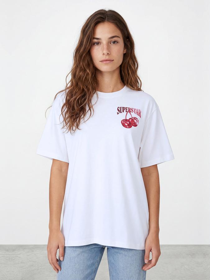 R&B Women's White Graphic Back Print Regular Fit Round Neck Half Sleeve T-Shirt