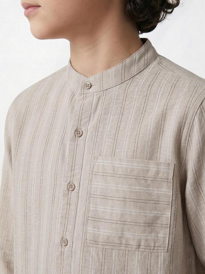 R&B Boys Beige Mandarin Collar Long Sleeves Vertical Stripes Regular Fit Shirt