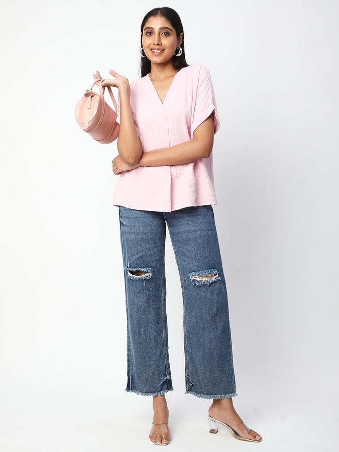 Women Cotton Relaxed Fit V-Neck Solid Top