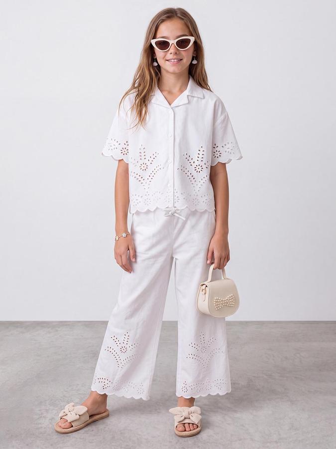 R&B Girls White Straight Fit Embroidery Mid Rise Pure Cotton Trousers