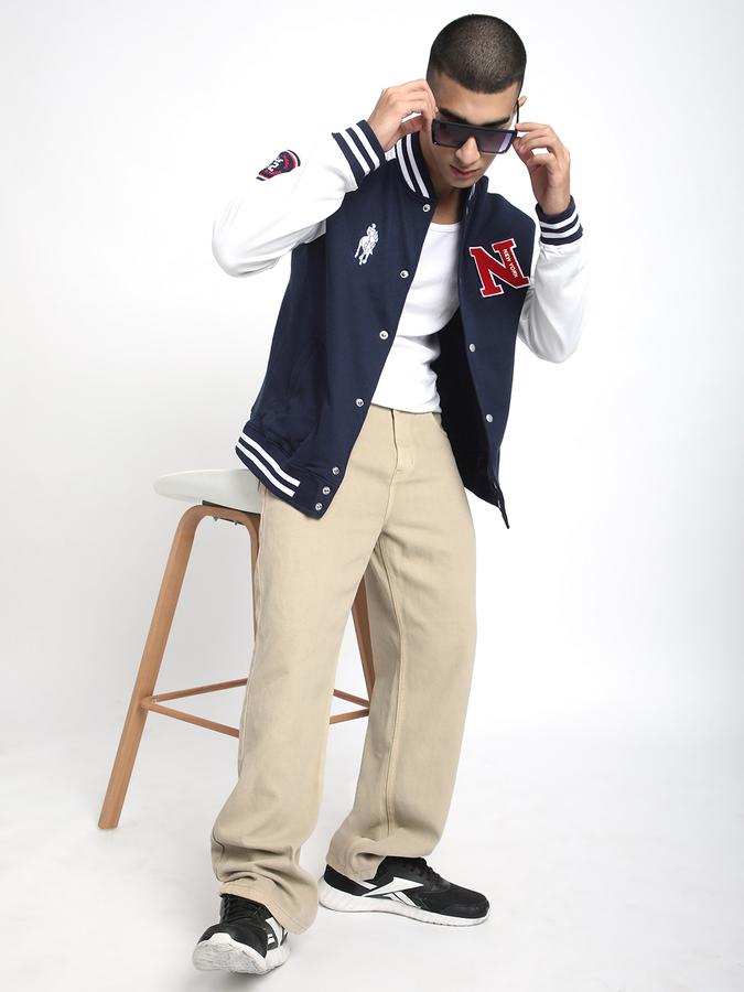 Men Fleece Regular Fit Varsity Jacket