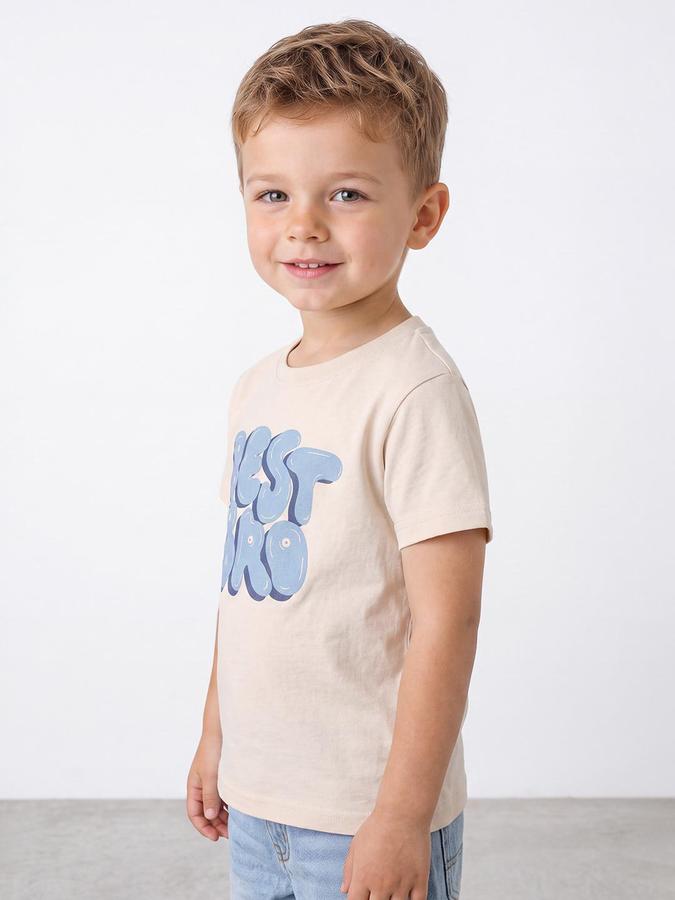 R&B Boys Light Beige Short Sleeve Round Neck Typography Graphic Print T-Shirt