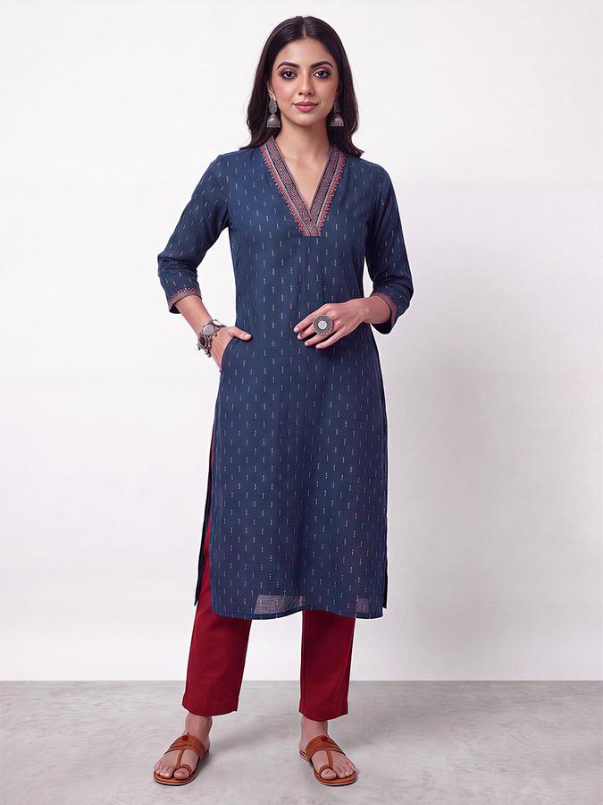 R&B Women Navy Blue Embroidered V-Neck Three-Quarter Sleeve Ikat Kurta