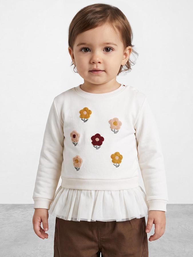 R&B Girls Ivory Floral Embroidered Long Sleeves Round Neck Sweatshirt