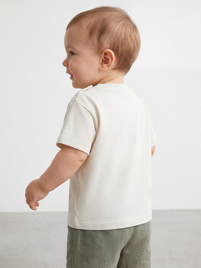 R&B Boys Beige Short sleeve Round Neck Little Exlplorers Typography Graphics Soft Touch Pure Cotton T-Shirt