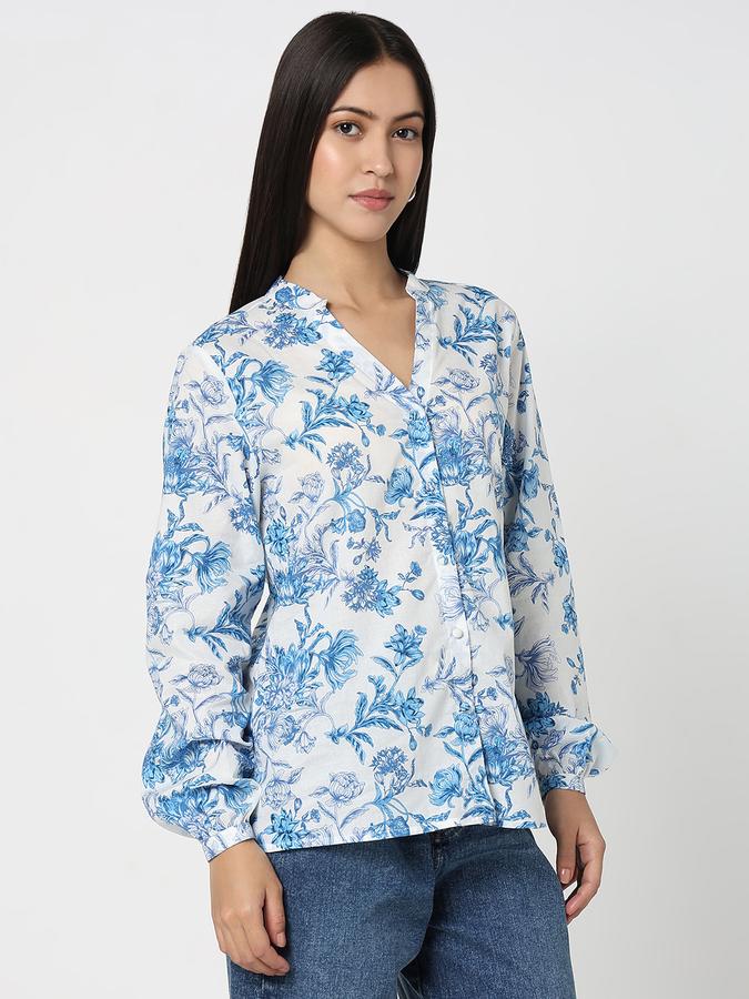 Women Cotton Relaxed Fit Mandarin Collar Floral Top