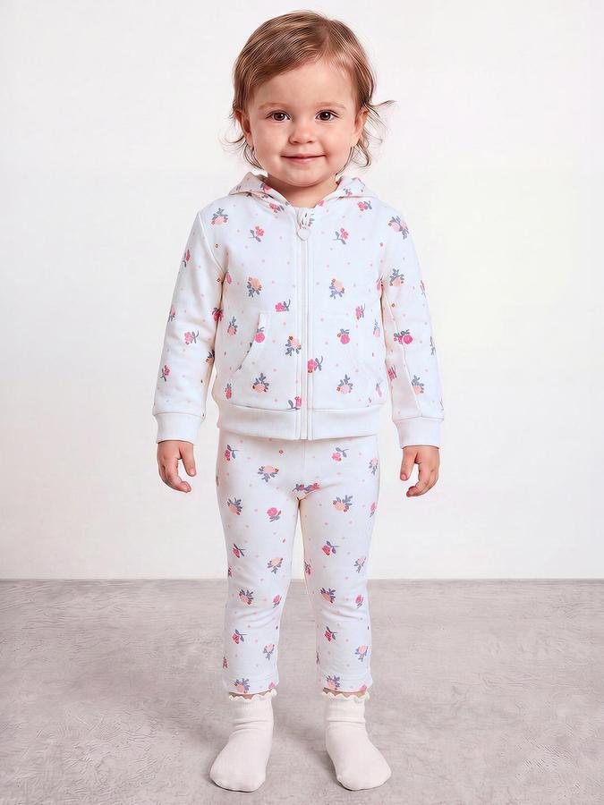 R&B Girls Cream All Over Floral Print Hooded Sweatshirt and Pant Night Suit