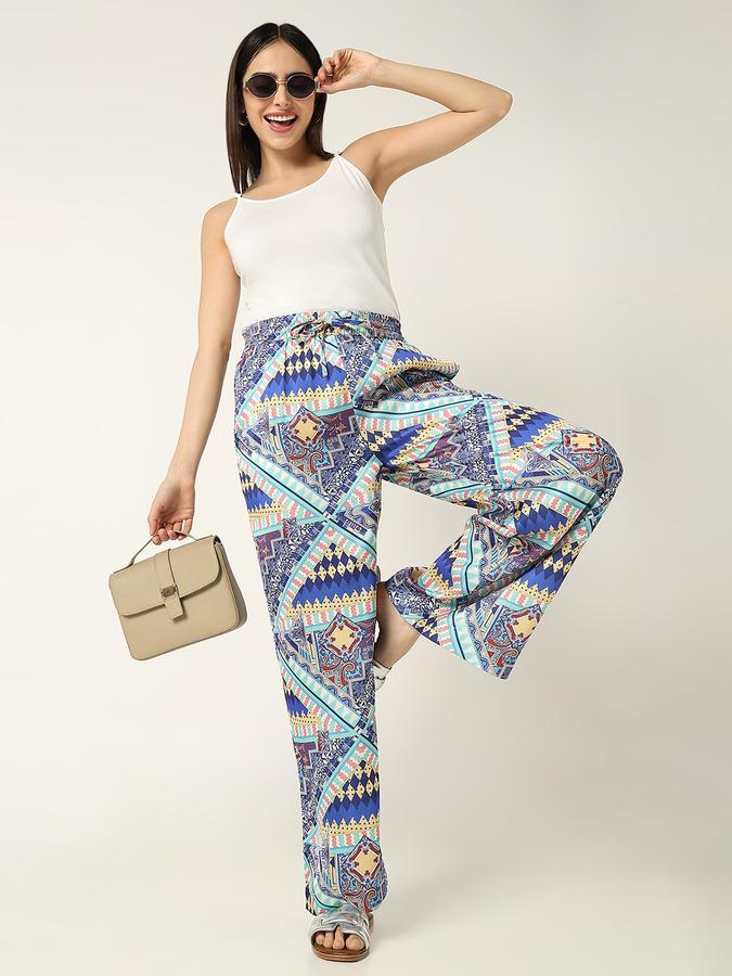 R&B Women Blue Geometric Print Wide-Leg Palazzo Trousers