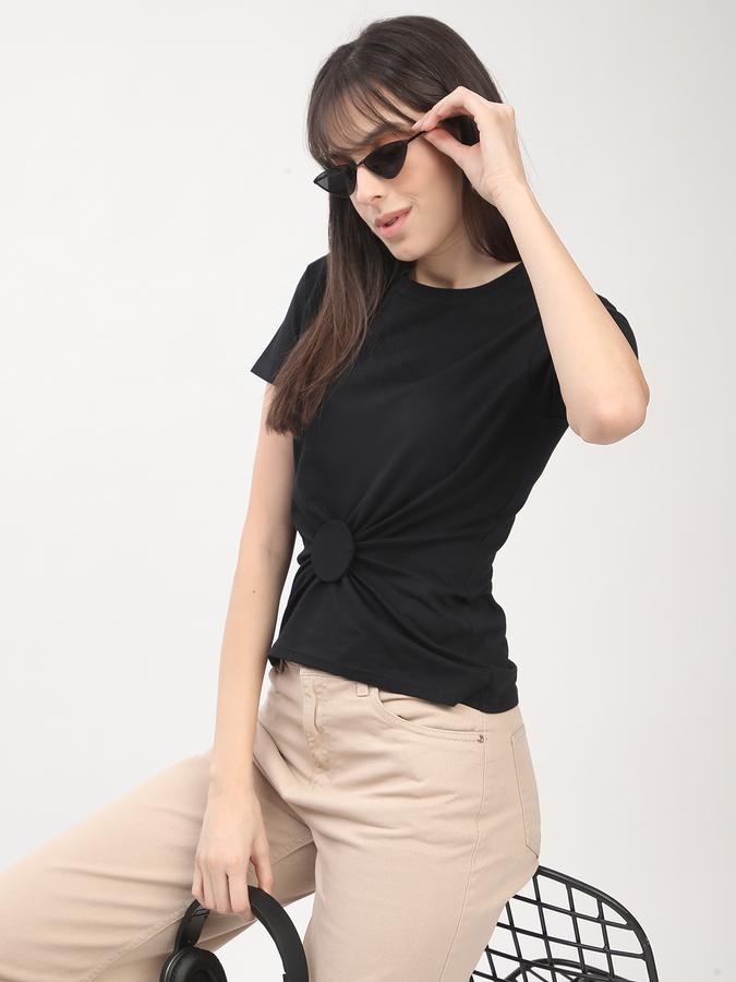 Women Cotton Fitted Round Neck Twist-Front T-shirt