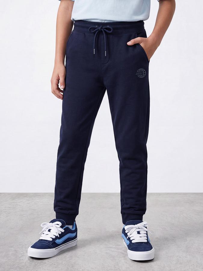 R&B Boys Navy Blue Printed Pure Cotton Mid Rise Joggers