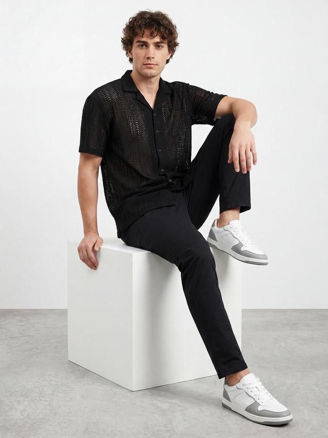 R&B Men Black Textured Resort Collar Short Sleeves Relaxed Fit Shirt