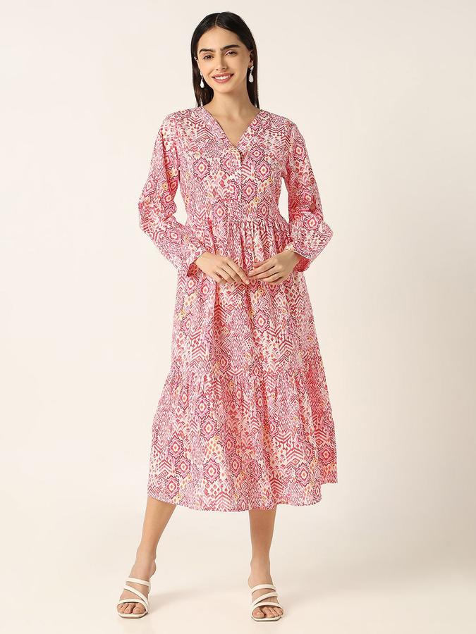 R&B Women Pink Geometric Long Sleeves V-Neck Midi Fit &amp; Flare Dress