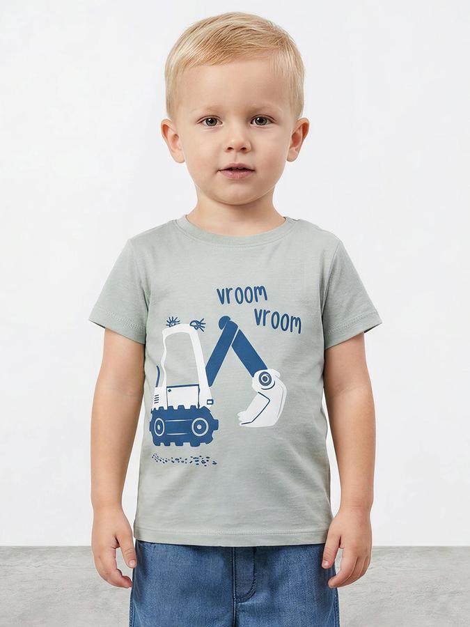 R&B Boys Green Short Sleeve Round Neck Excavator Graphic Print T-Shirt