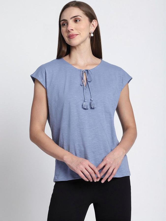 R&B Womens Blue Solid Round Neck Short Sleeves Top
