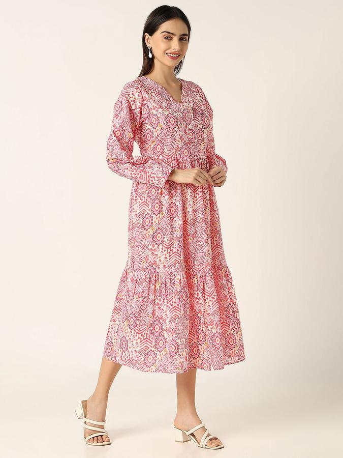 R&B Women Pink Geometric Long Sleeves V-Neck Midi Fit &amp; Flare Dress