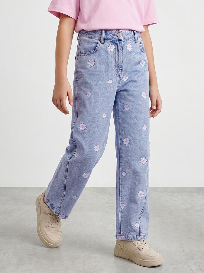 R&B Girls Blue Regular Fit Embroidered Mid-Rise Cotton Jeans