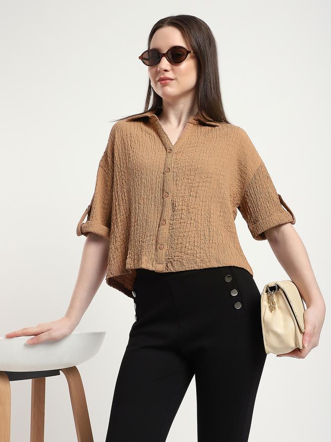 Women Polyester Relaxed Fit Shirt Collar Solid Top