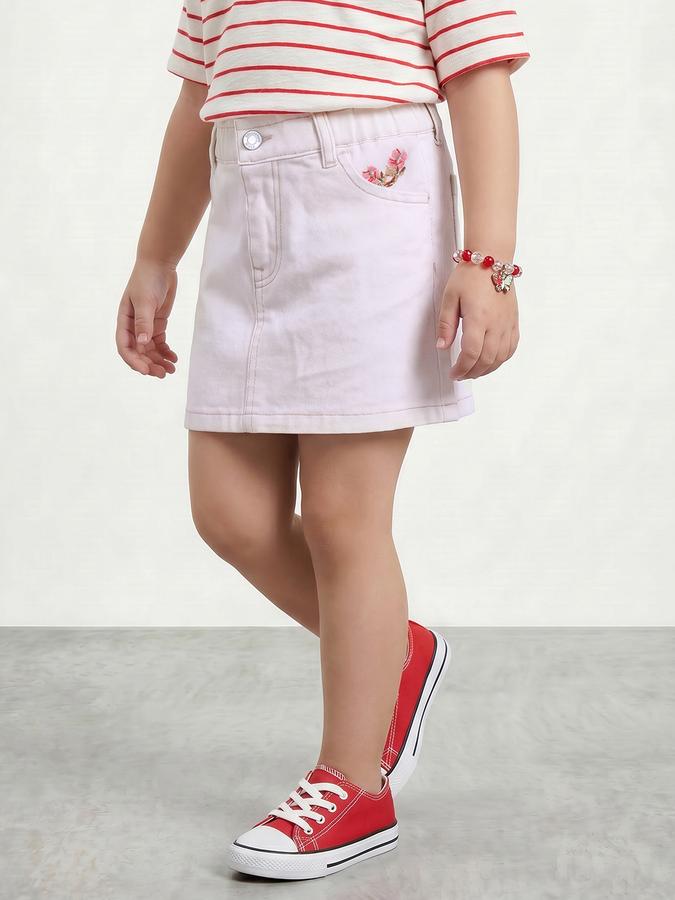 R&B Girls White Embroidered Pocket Mid Waist Mini Denim Skirt