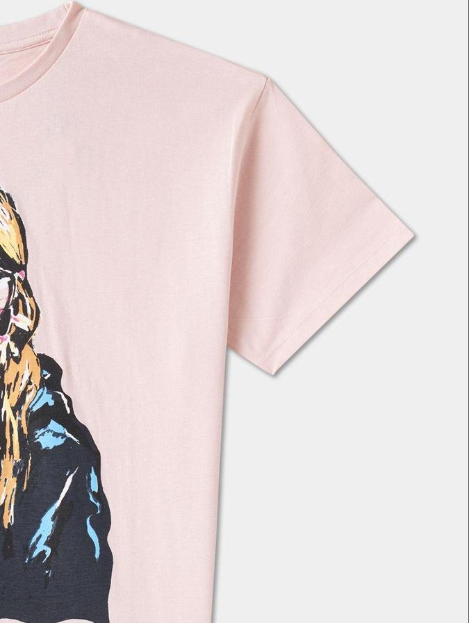 R&B Pink Cotton Round Neck Printed Girl T-Shirt