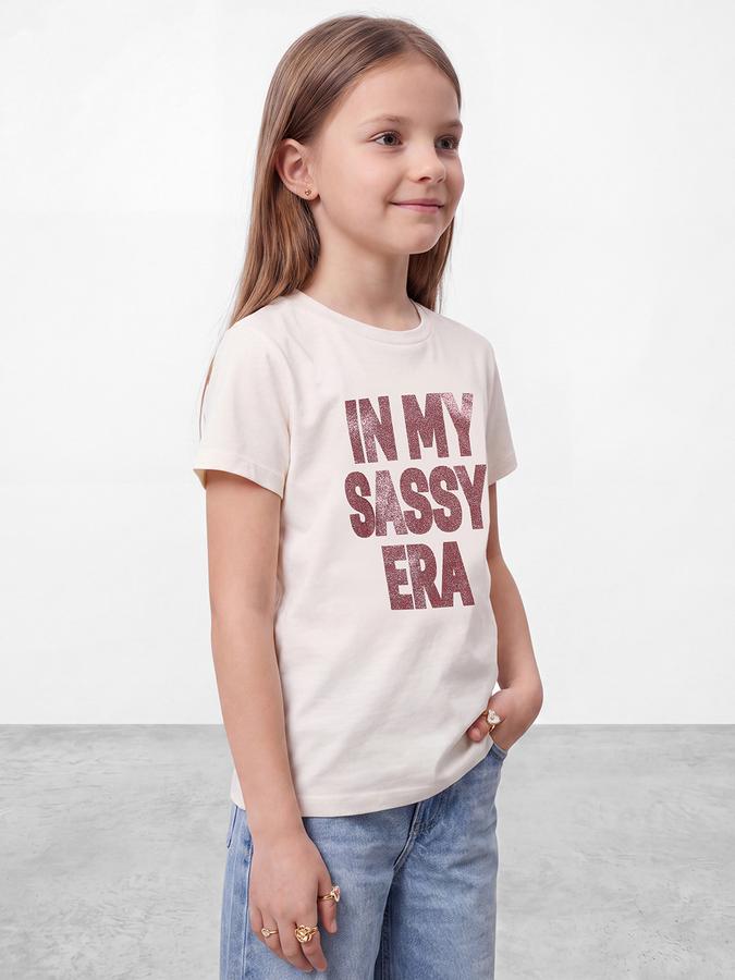 R&B Girls Beige Typographic Printed  Short Sleeves Pure Cotton T-shirt