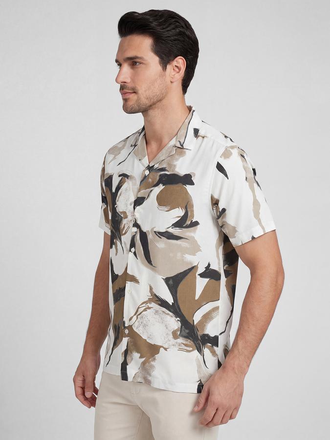 R&B Ivory Abstract Printed Men Cuban Collar Short Sleeves Shirt