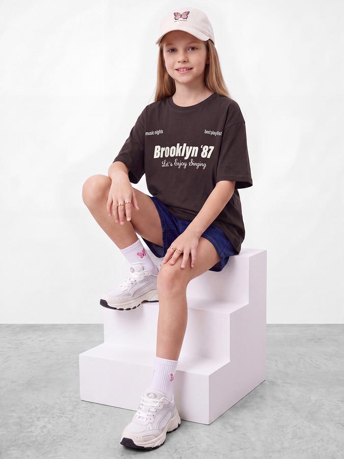 R&B Girls Brown Typography Printed  Short Sleeves Pure Cotton T-shirt