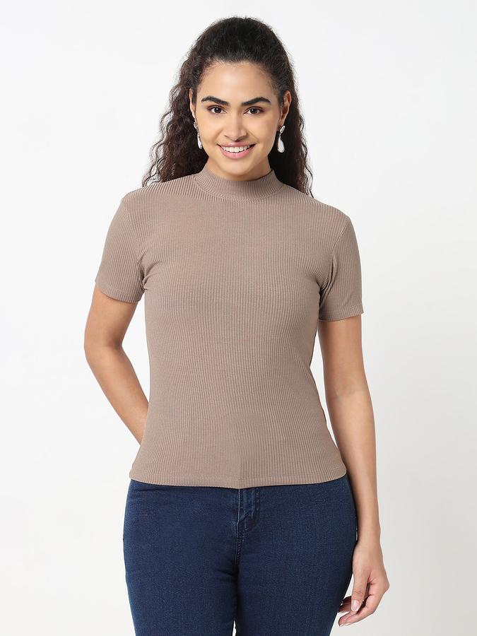 Women Viscose Slim Fit High Neck Ribbed Top