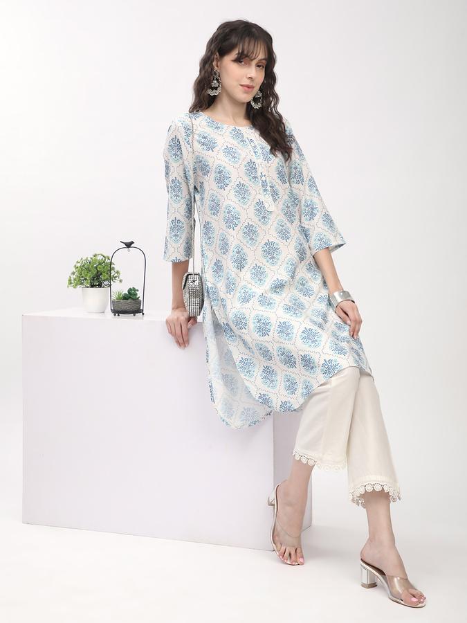 Women's regular fit casual white floral printed kurta with placket and 3/4th sleeves image number 1