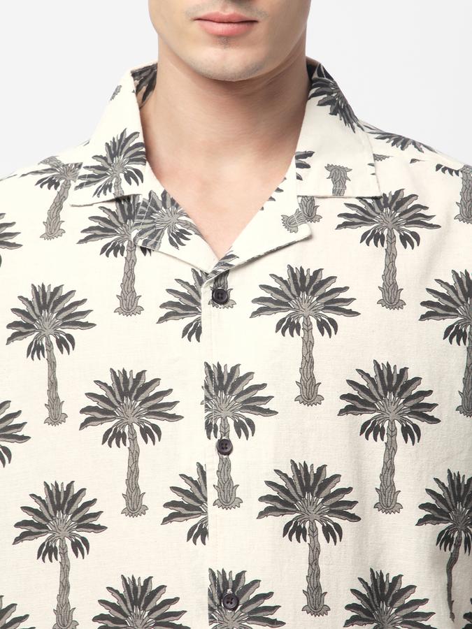 Men Linen Blend Relaxed Fit Cuban Collar Printed Shirt