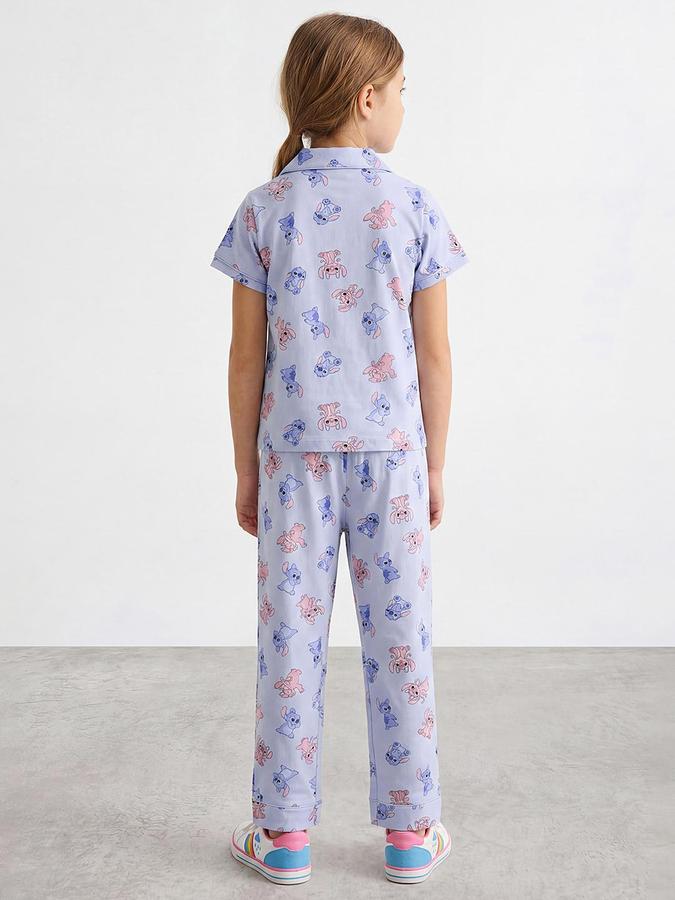 R&B Girls Blue Stitch & Angel Print Resort Collar Pure Cotton Shirt & Pyjama Set