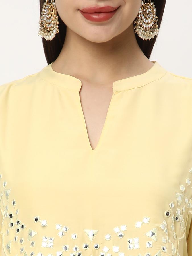 Women Poly Blend Regular Fit Mandarin Collar Embellished Kurta