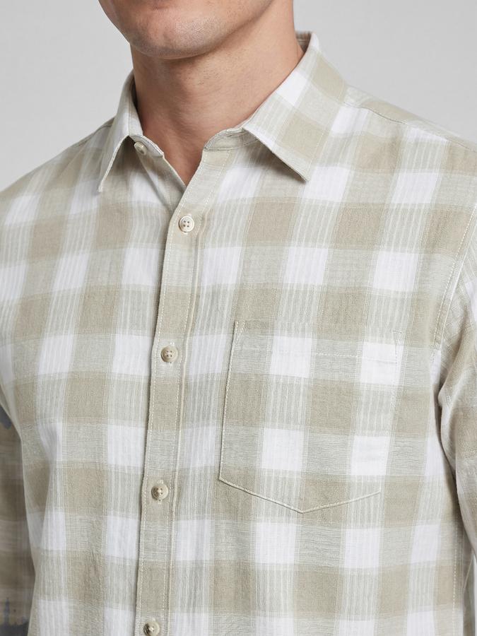 R&B Beige Checked Men Spread Collar Long Sleeves Shirt