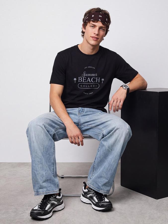 R&B Men Navy Short Sleeve Round Neck Typography Print T-Shirt