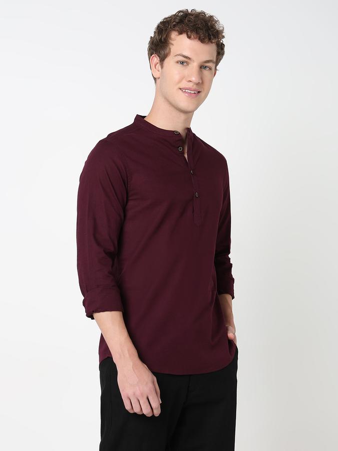 HALF PLACKET KURTA SHIRT - SLUB SHIRT SOLID SINGLE POCKET SLIM FIT image number 3