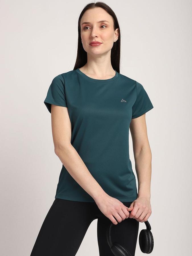 Women Polyester Slim Fit Crew Neck Solid T-shirt